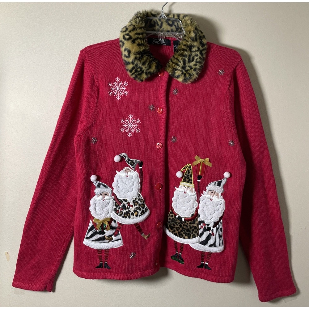 Crystal-Kobe Vintage Red Christmas Novelty Cardigan Removable Collar Women's L